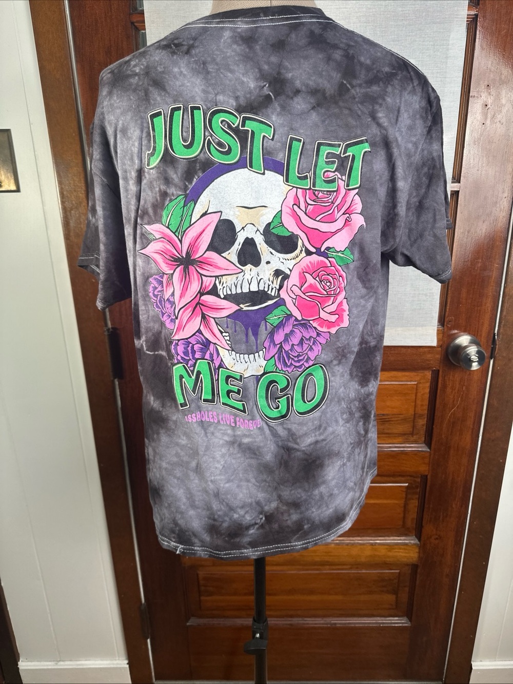 A$$holes Live Forever  Skull Flowers Short Sleeve Black T Shirt Size L Black